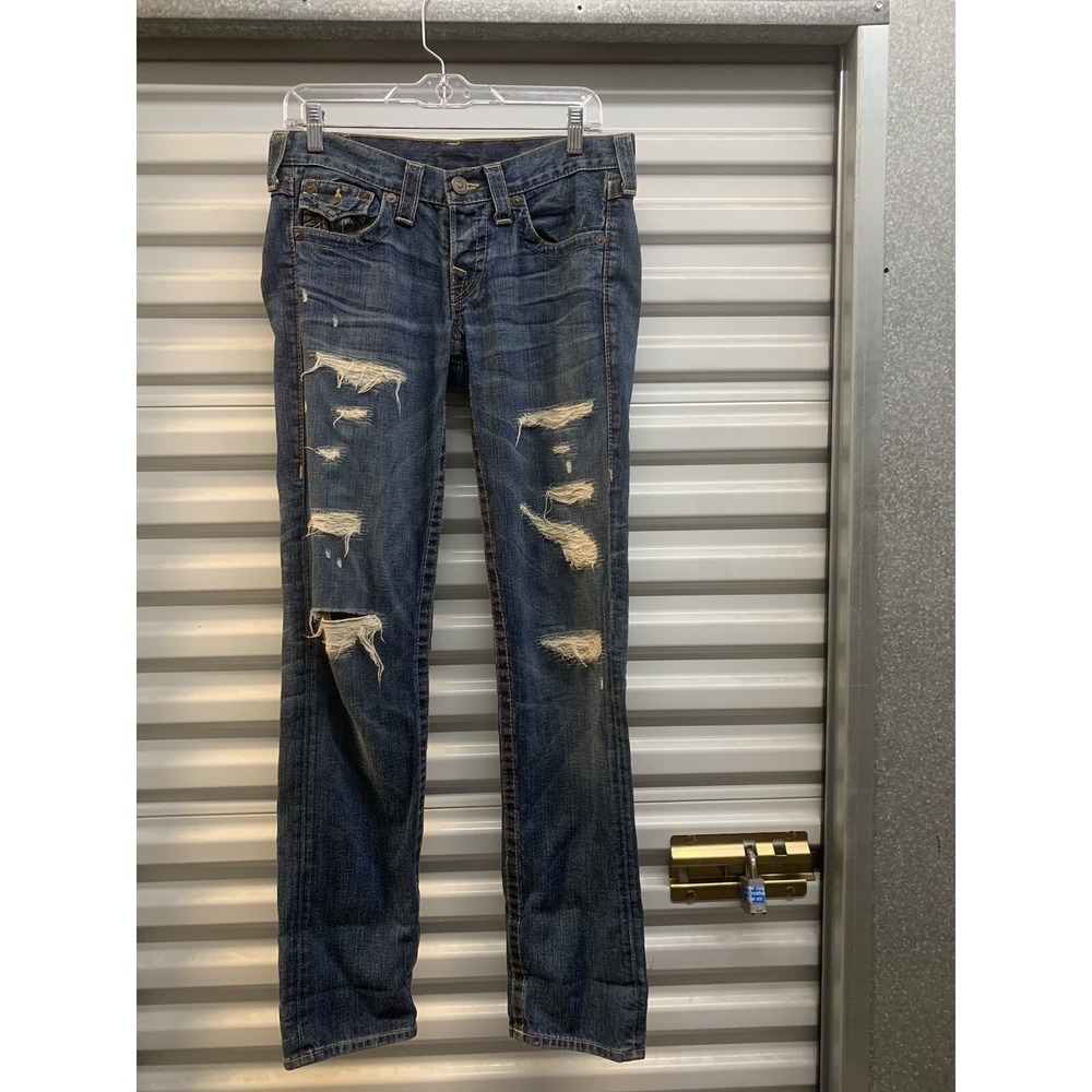 Women's True Religion Jordan Jeans Size 26x33 Medium Wash Distressed Button Fly